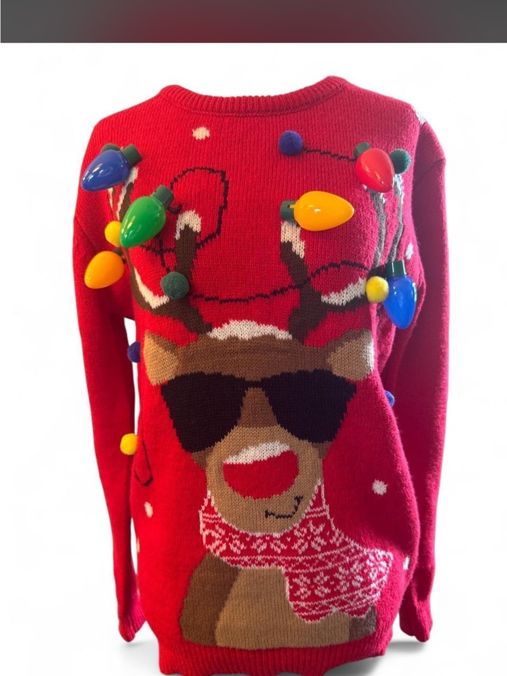 Source Unknown Red Reindeer Crewneck Sweater with Colorful Bulb Accents